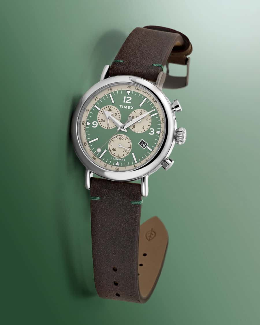 Timex Standard Chronograph 41mm Eco Friendly Leather Strap Watch on green background