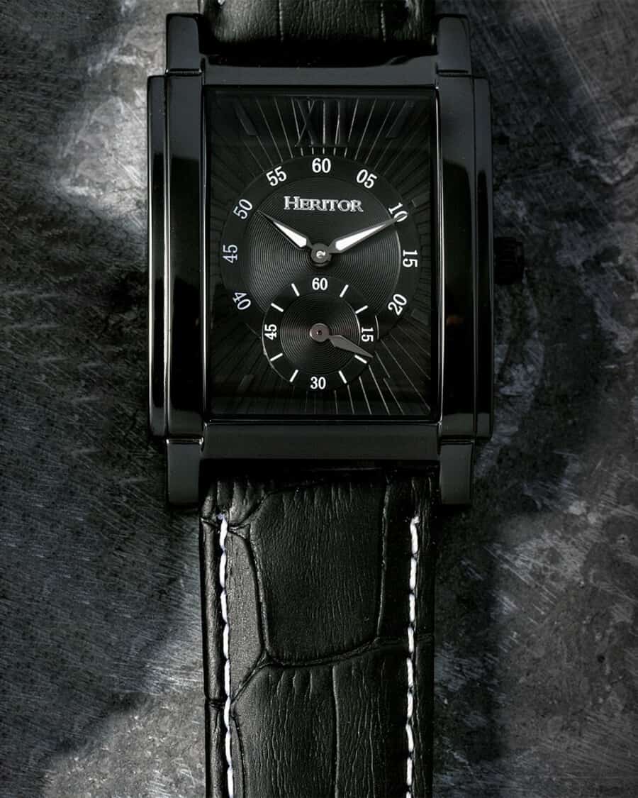 Heritor Automatic Frederick Leather-Band Watch on black background