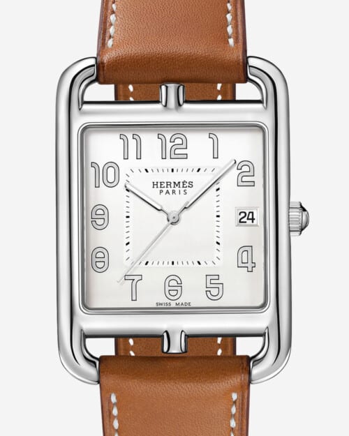 Hermes Cape Cod 41mm watch with tan leather strap close up of face