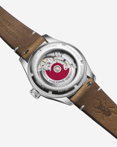 Oris X Cervo Volante Blue Dial Brown Leather Strap Watch case back