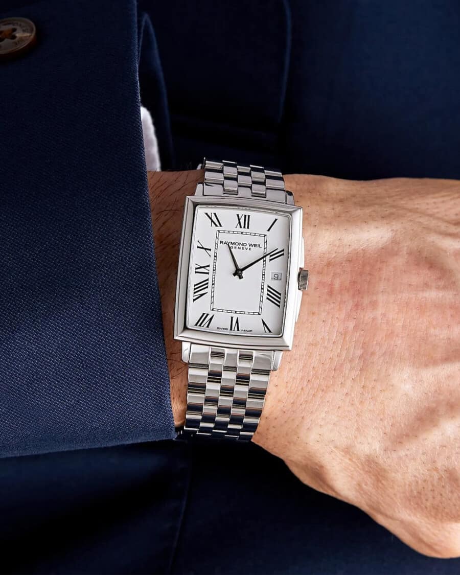 Raymond Weil Toccata Rectangular Watch on wrist in steel