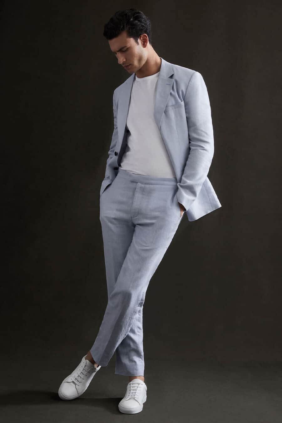 Men's light blue suit, white T-shirt and white sneakers outfit