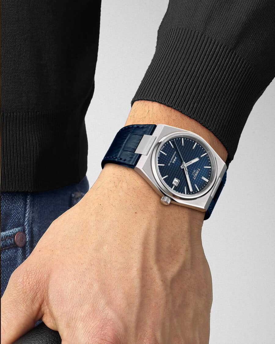 Tissot Men's PRX Blue Leather Strap Watch 40mm on wrist