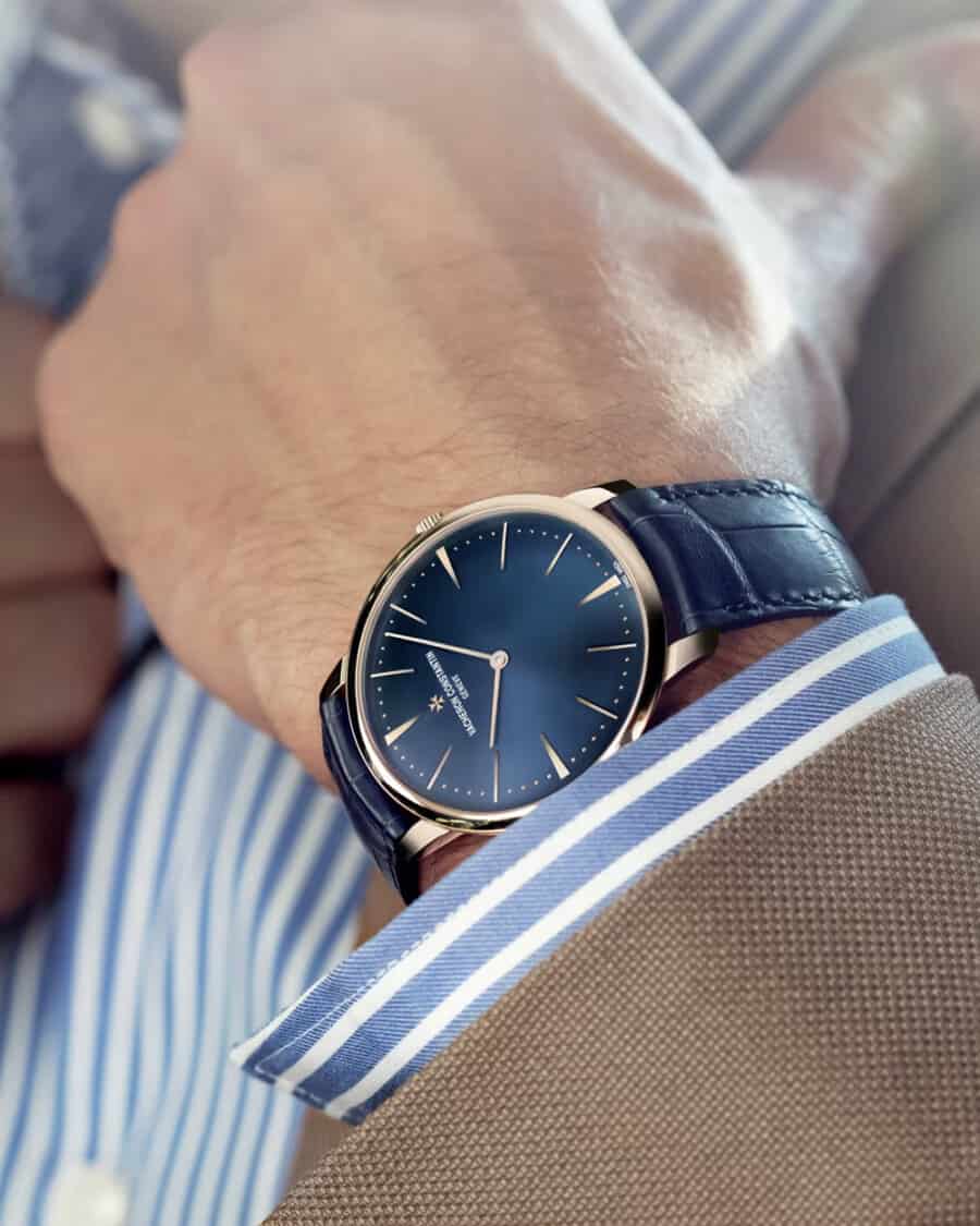 Vacheron Constantin Patrimony Self-Winding Blue Leather Strap Watch on wrist