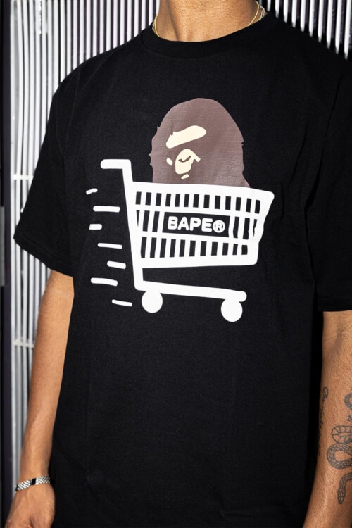 Close up of a black A Bathing Ape / BAPE shopping cart black printed logo T-shirt