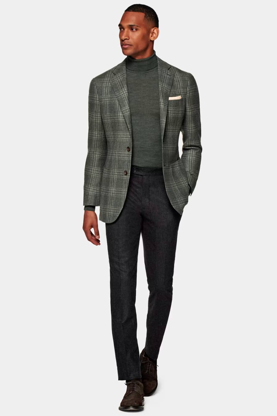 Men's charcoal flannel pants, charcoal turtleneck, charcoal check blazer and brown suede Derby shoes outfit