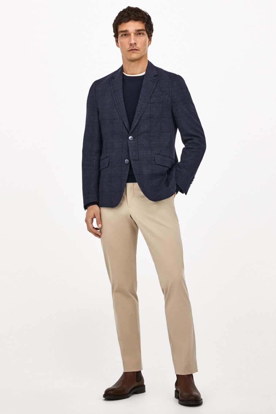 Men's Navy check blazer, khaki chinos, navy sweater and brown leather Chelsea boots outfit