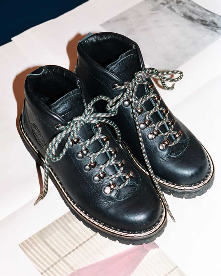 A pair of black leather men's Diemme hiking boots with grey-green laces