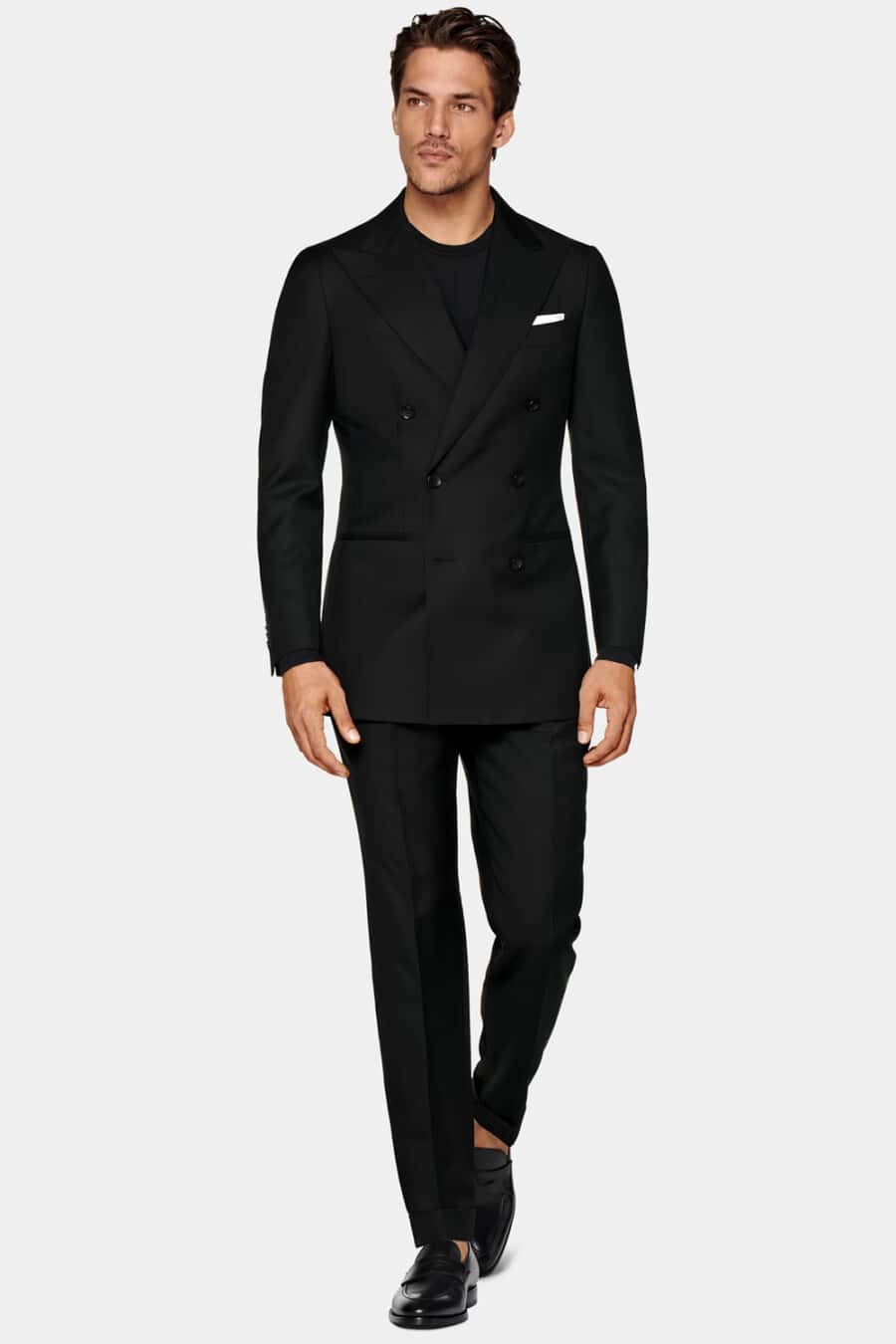 Men's black double-breasted suit, black T-shirt and black leather penny loafers worn sockless outfit