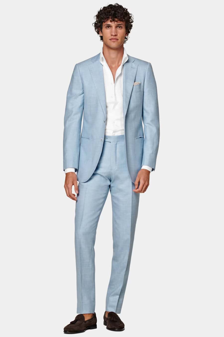 Men's light/sky blue suit, white shirt and brown suede tassel loafers outfit