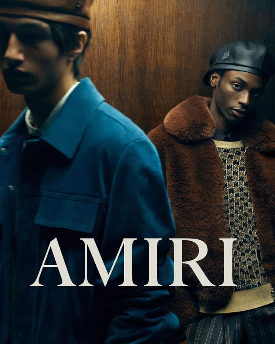 AMIRI advertising campaign featuring two men wearing fur and petrol blue jackets