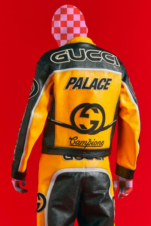 Gucci x Palace yellow and black leather branded moto biker jacket and trousers