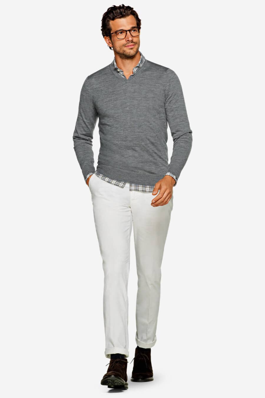 Men's white pants, grey checked shirt, grey merino wool V-neck sweater and brown suede boots outfit