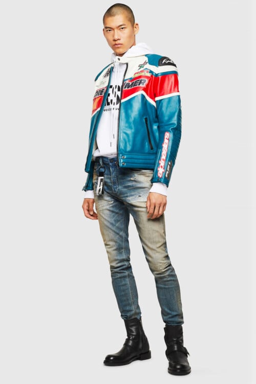 Men's distressed jeans, white printed hoodie, blue/red/white leather moto biker jacket and black leather biker boots outfit