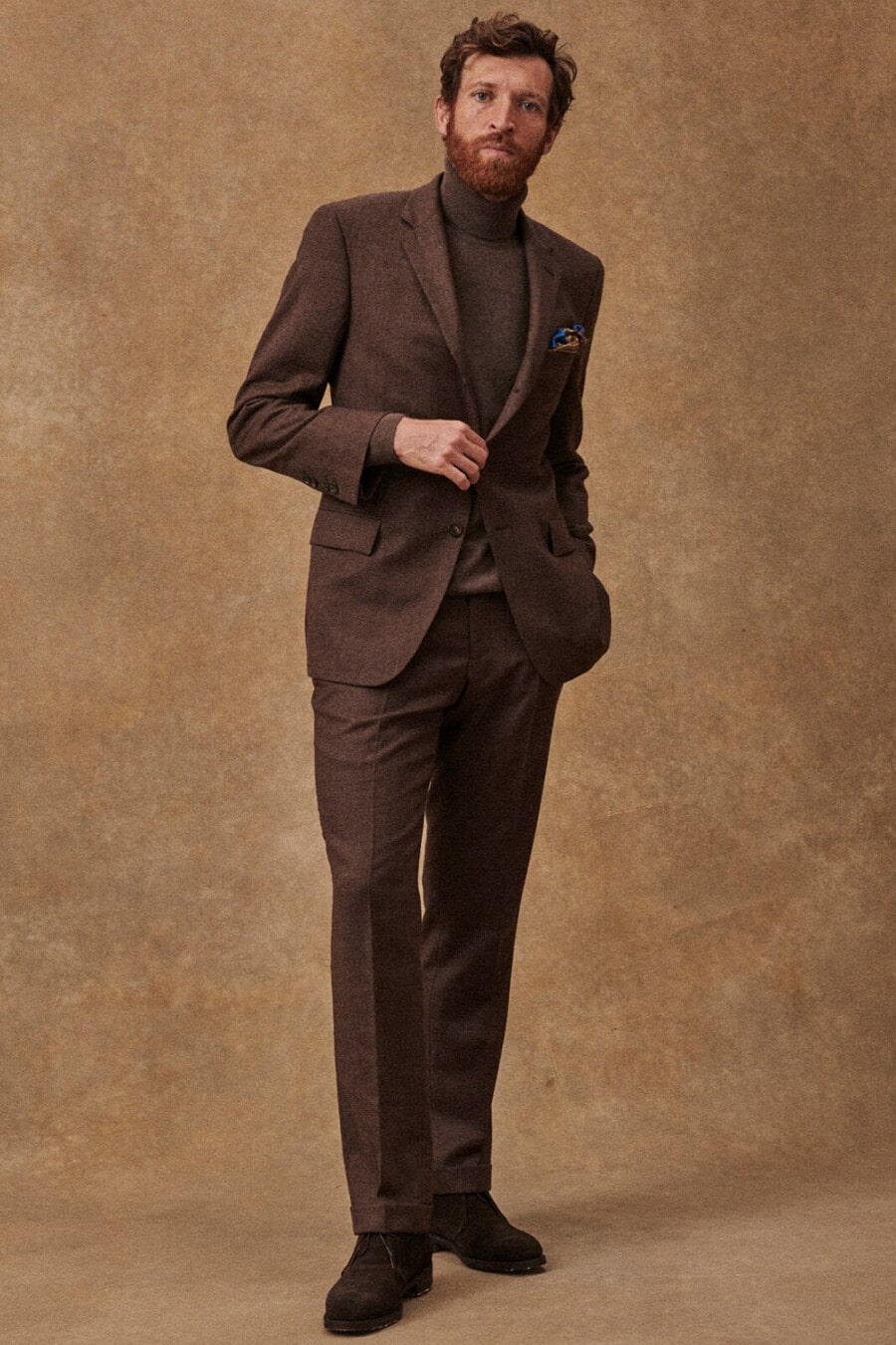 Men's brown flannel suit, brown turtleneck and brown suede boots outfit