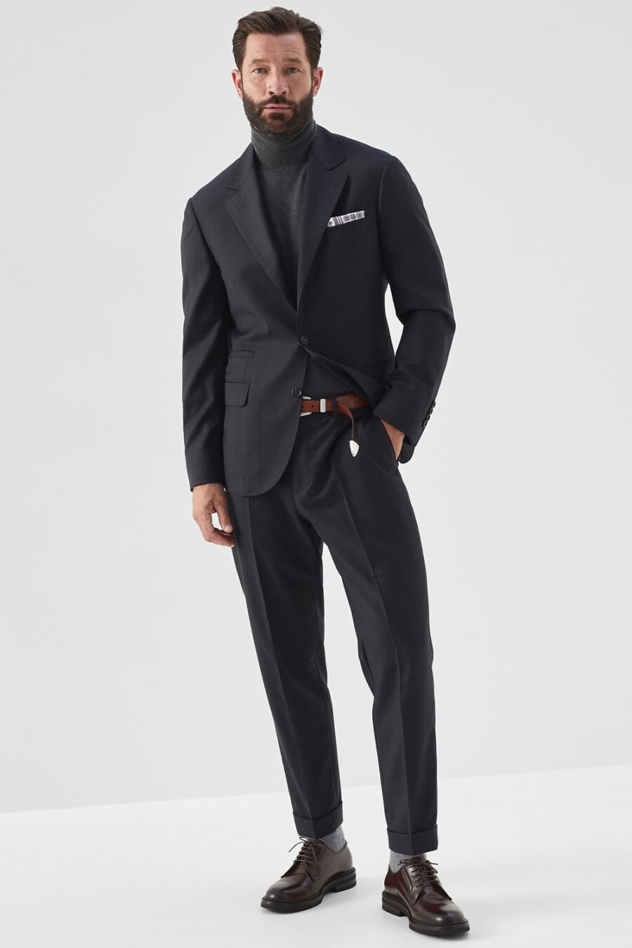 Men's charcoal cropped leg suit, charcoal turtleneck and brown leather shoes outfit