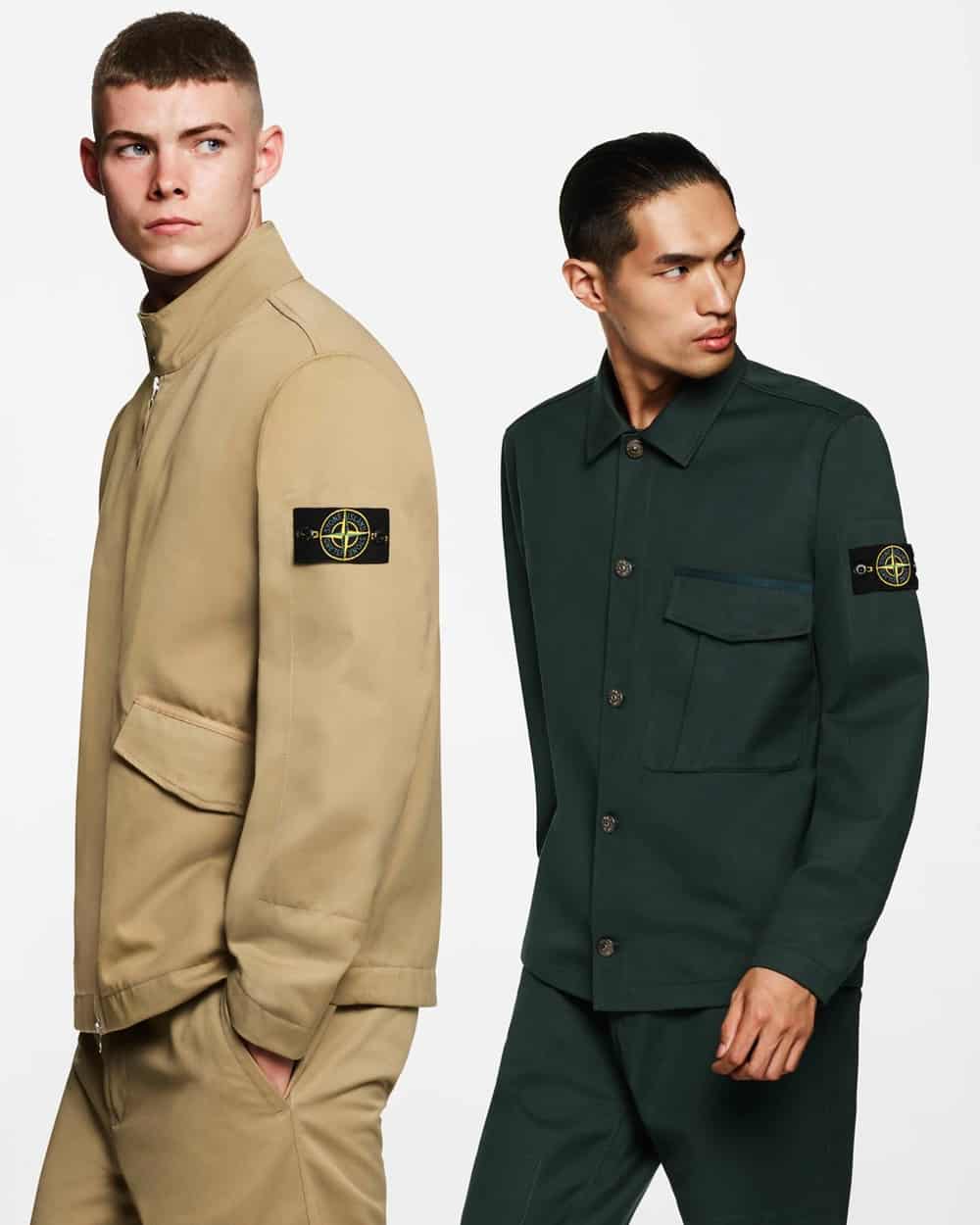 Two men wearing beige and green Stone Island shackets with matching colored pants