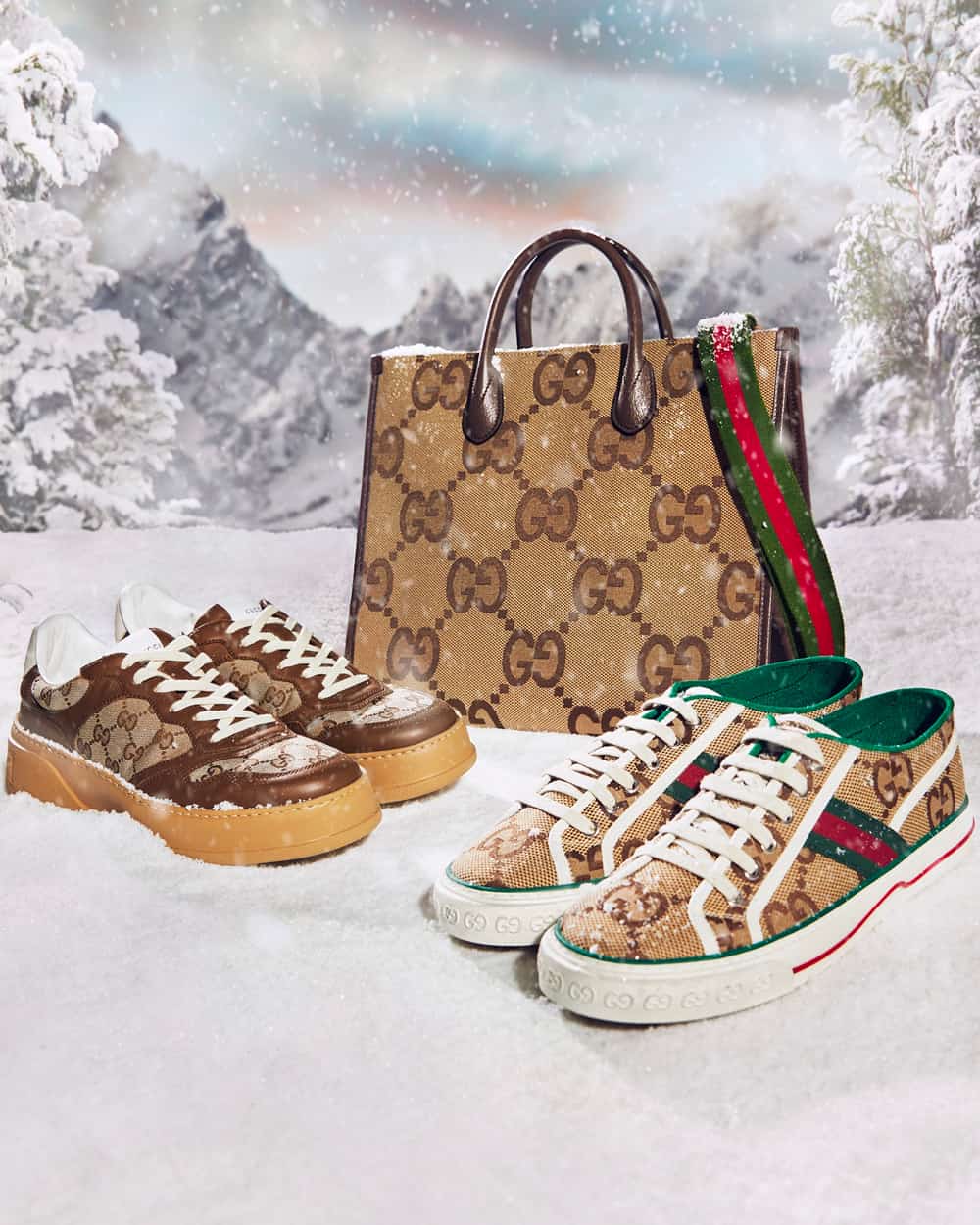 Two pairs of men's Gucci monogram sneakers in brown with matching tote bag