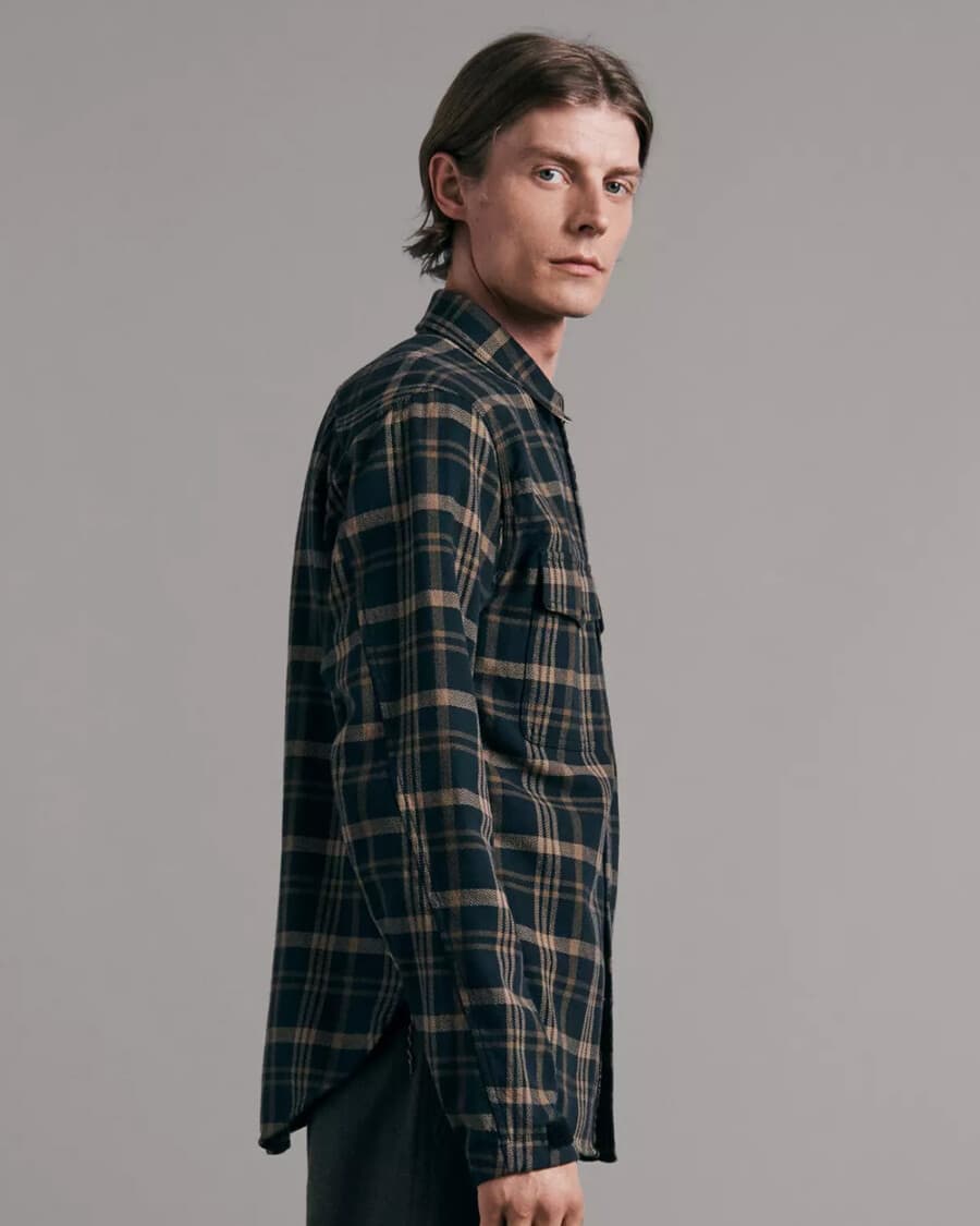 Man wearing navy and brown check flannel shirt by Rag & Bone
