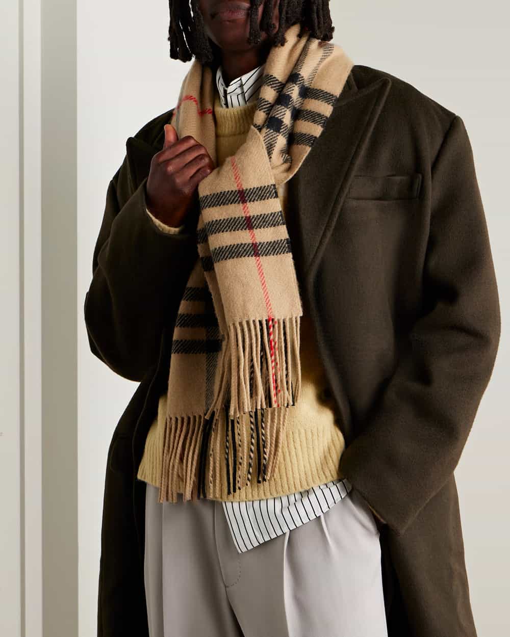Black man wearing grey pants, white stripe shirt, yellow sweater, olive green overcoat and Burberry beige check scarf