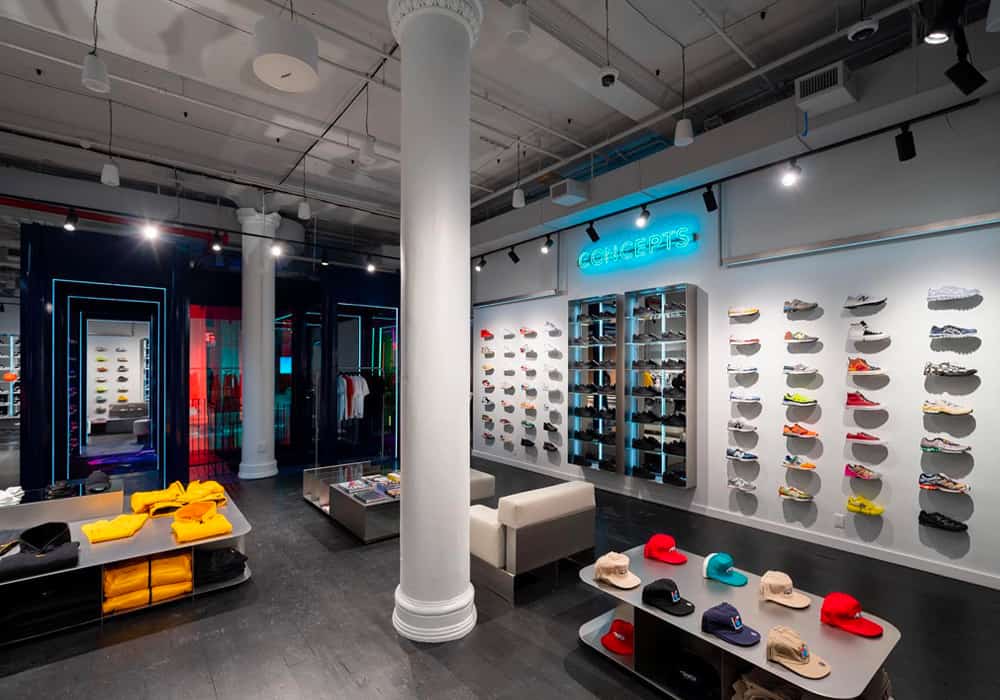 Concepts NYC 99 University Pl, New York store internal sneaker wall and clothing layout