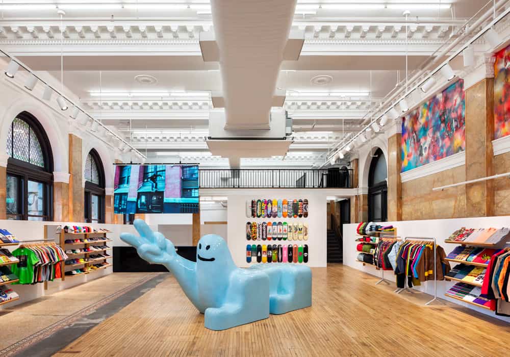 Supreme 190 Bowery, New York store internal layout with clothing, sneakers and skateboard wall