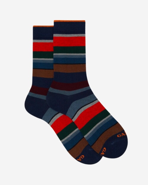 Gallo Short Blue Cotton Socks with Multicoloured Stripes