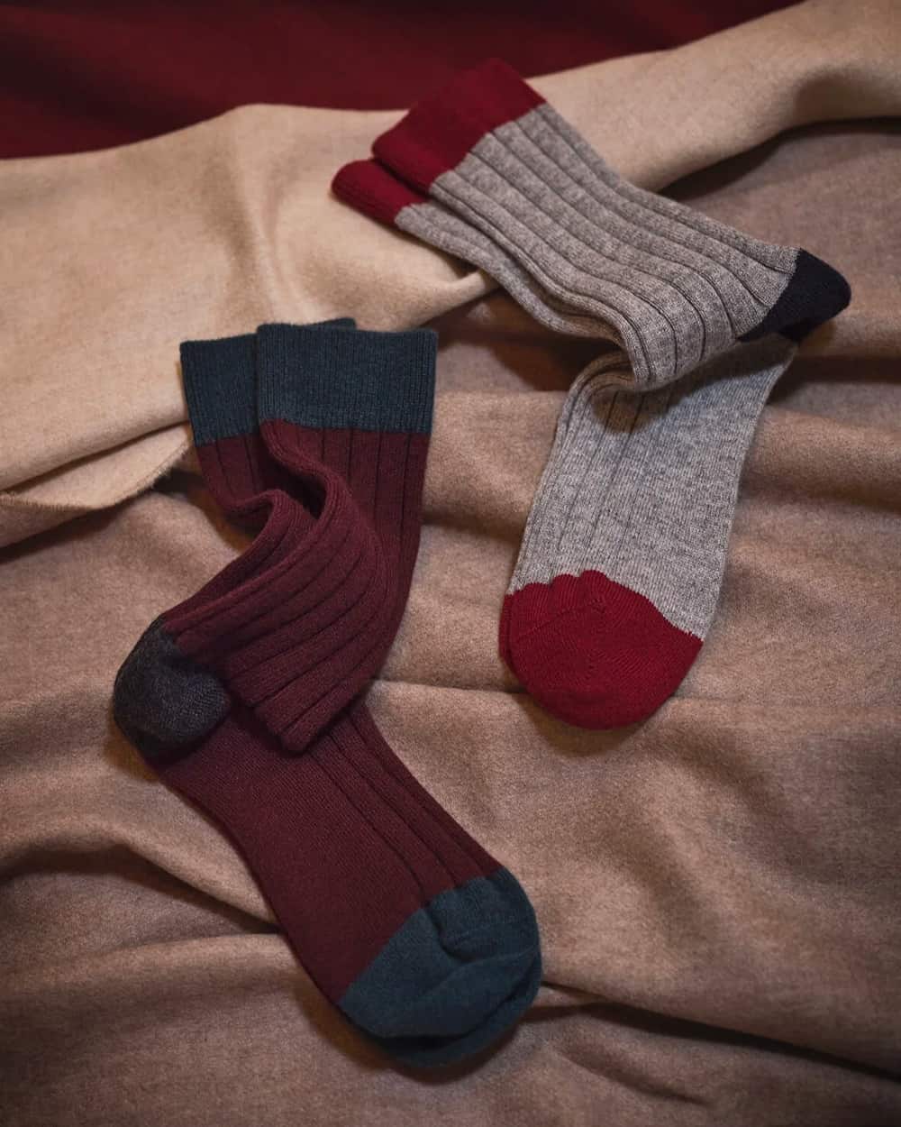 Two pairs of luxury Johnstons of Elgin cashmere blend socks for men in burgundy and gray