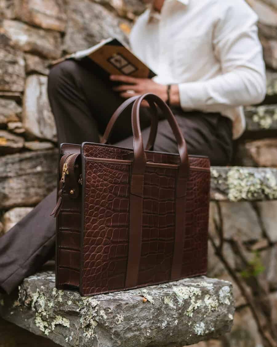 A brown croc effect luxury leather briefcase by Frank Clegg