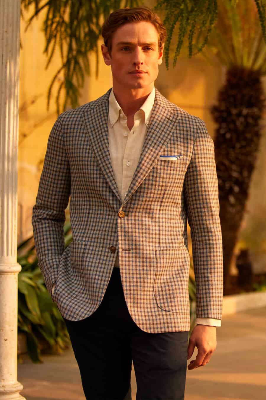 Men's check blazer, white linen shirt and black chinos outfit