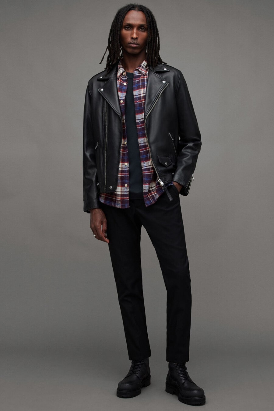 Men's black pants, charcoal T-shirt, red/blue check open shirt, black leather biker jacket and black boots grunge outfit