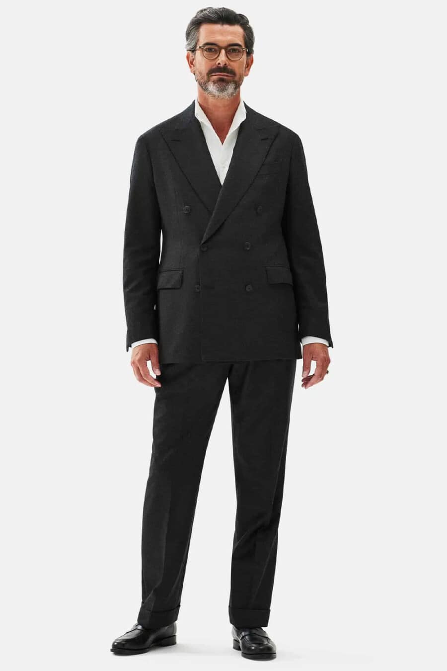 Men's black double-breasted suit, white open shirt and black leather loafers outfit