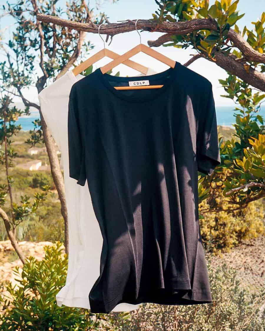 Men's T-shirt trend - two sustainable tees hanging outside in the environment